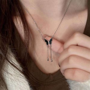 New Fashion Black Fringe Butterfly Necklace Sweater Necklace Women's Jewelry - Buy Fashion Jewelry Necklaces fine Jewelry Necklaces butterfly Necklace