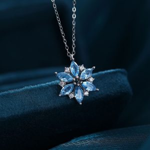 Snowflake Aquamarine Luxury Moissanite Pendant on 925 Silver Chain Necklace.